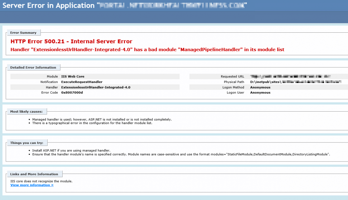 HTTP Error 500.21 - Internal Server Error Handler ExtensionlessUrlHandler-Integrated-4.0 has a bad module ManagedPipelineHandler in its module list